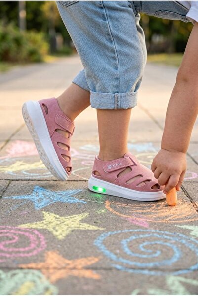 Moda Devrin Pembe Beyaz Işıklı Çocuk Sandalet - Ortopedik Tabanlı Cırt Cırtlı...
