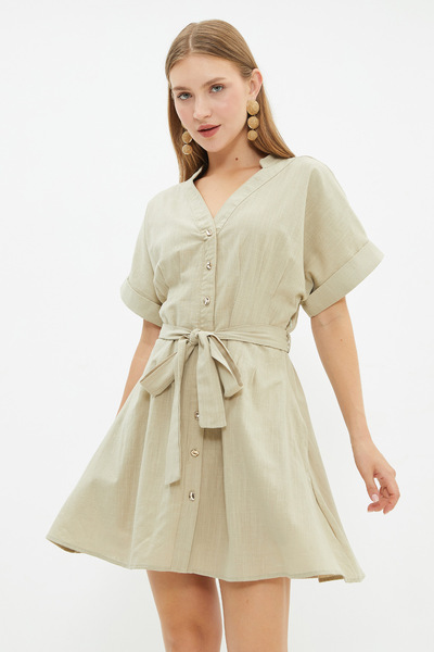Fulla Moda Belted Linen Look Mini Dress