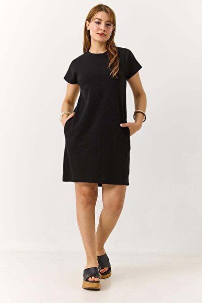 Raneel Kazançlı Alışveriş Women's Short Sleeve Crew Neck Midi Dress Black