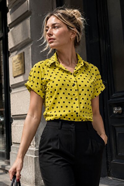 armonika Women's Pistachio Green Polka Dot Short Sleeve Shirt Arm-26Y001137