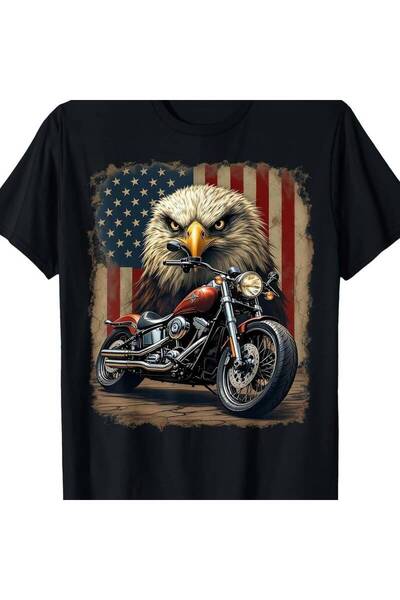 STITCHLY Motorcycle USA Flag Retro Biker Chopper T-Shirt Men'S Casual Short S...