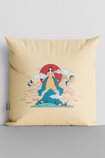 TicaretJet Japanese Drawing Art Double Sided Digital Printed Pillow Throw Pil...