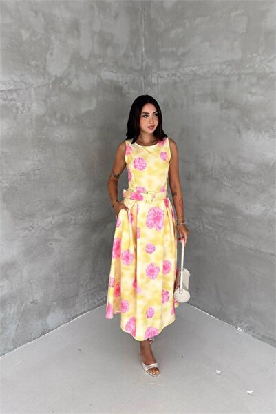 Neşeli Butik Rochie de damă, galbenă, cu imprimeu floral, fără mâneci, lungim...