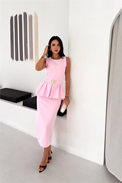 Neşeli Butik Rochie de damă roz, fără mâneci, cu croială peplum, lungime midi...