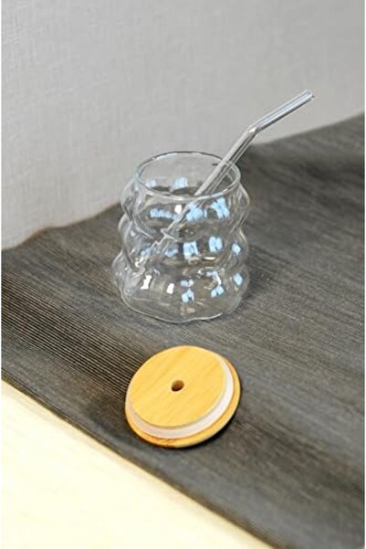 Yıldızan Edl Shop Bamboo Lid Grape Seed Glass with Straw 350 ml Borosilicate ...