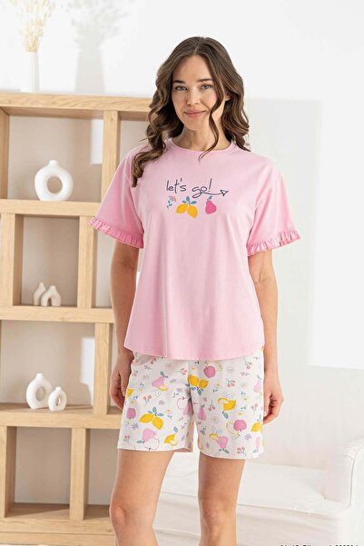 Relax Mode Kadın Pembe Likralı Penye Kısa Kol Şortlu Pijama Takım - 1330-4R