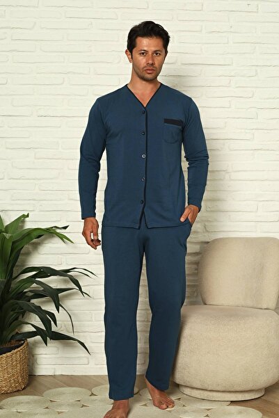 ALİMER Front Buttoned Men's Pajama Set - Indigo Long Sleeve Lycra Cotton 1230Uy
