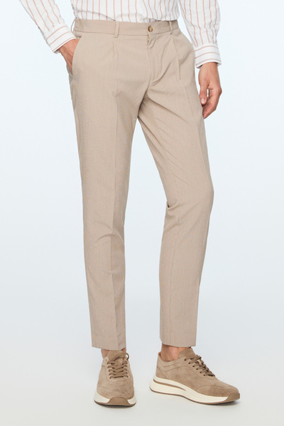 Morven Men's Beige Polyviscon Trend Patterned Slim Fit Elastic Trousers