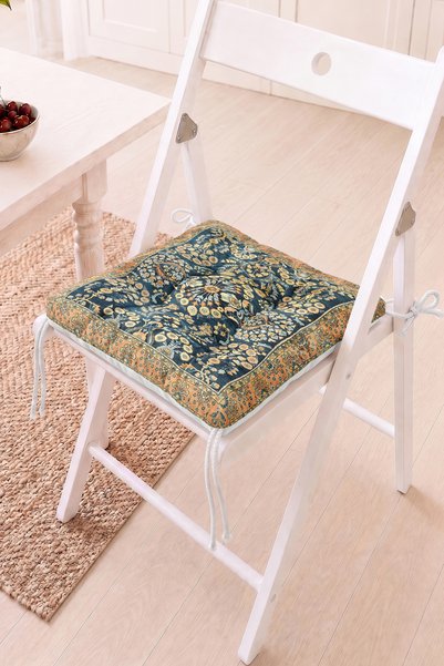 Home Mavi Çiçek Motifli Pofidik Sandalye Minderi - Vintage ve Dekoratif Tasarım
