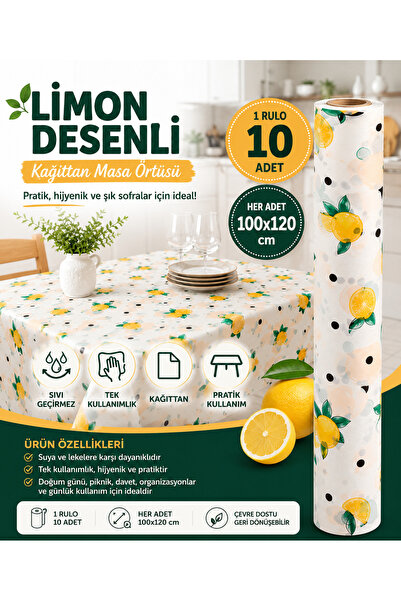 Regron Tek Kullanımlık Kağıt (1 ADET) Masa Örtüsü 100x120 cm Limon Desenli, B...