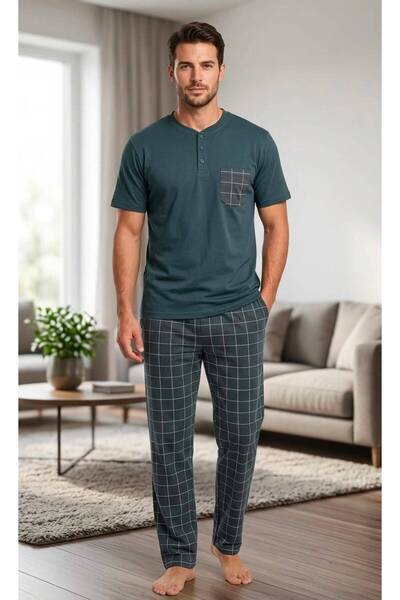 Pijamask Men's Anthracite Plaid Patterned Pocketed Buttoned Short Sleeve Paja...