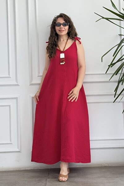 yb yağmur butik Muslin Dress with Slit Detail on the Back and Straps