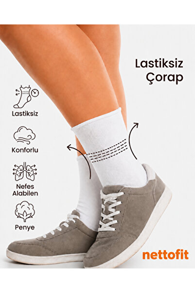 nettofit Tekli Kadın Lastiksiz Beyaz Penye Soket Çorap Roll Top ve Çorabı