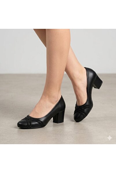KİNDEP (Ceylanlar) Crossed Drop Stone Detailed Short Heeled Women's Shoes Black