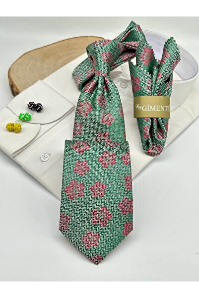 Gutiero Classic Tie with Green Floral Pattern Handkerchief