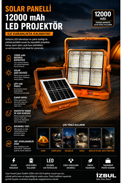 izbul 6 GÖZ Kaliteli Solar Panelli 12000 mAh LED Projektör Şarjlı Kamp Lambası Powerbank Çakar Modlu Güçlü Aydınlatma
