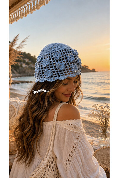 ipeklife Light Blue Sequined Floral Beret Hat