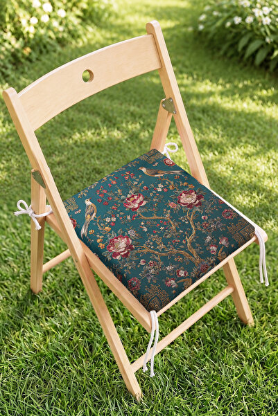 Home Kuş ve Çiçek Desenli Fermuarlı Sandalye Minderi - Vintage Bahçe ve Mutfa...