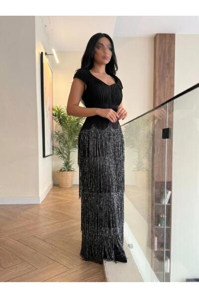 MNCENTER Black Evening Dress with Layers