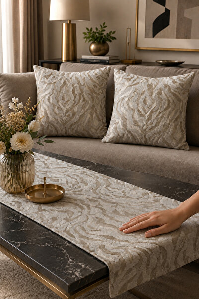 FULY CONSEPT طقم غطاء وسادة مزدوج 43x43 وسجادة أرضية 30x120 بلون إكرو ونسيج ذهبي