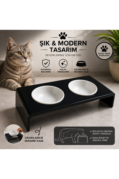 Genel Markalar Standlı Seramik Kaseli Kedi-Köpek Mama ve Su Kabı