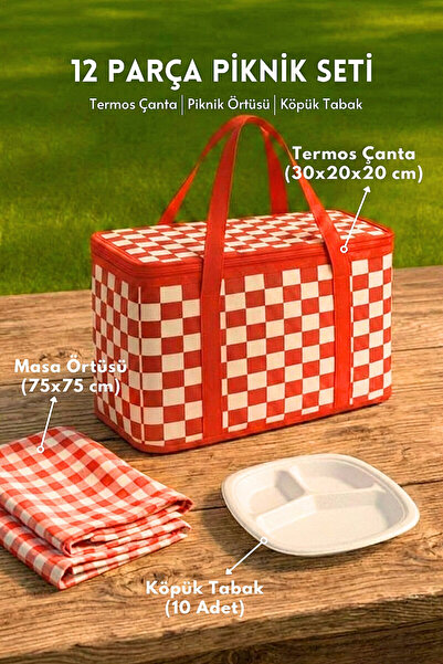 Bimotif 12 Parça Piknik Seti, Termos Çanta, 10 adet Köpük Tabak ve 75x75cm Pi...