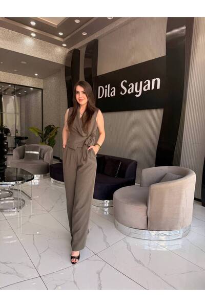 Dila Sayan Boutique Şal Yaka Kruvaze Keten Yelekli Pantolonlu Takım