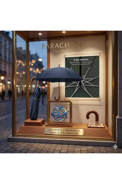 CLK SPORTS parachase Ahşap Baston Saplı Tam Otomatik Lacivert Şemsiye - Kılıflı
