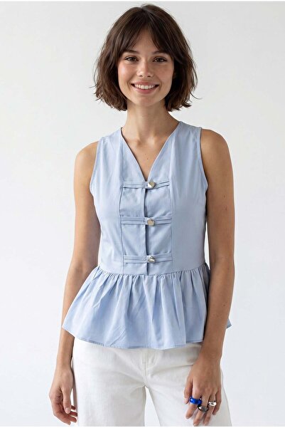 Mixray 4940 Kadın Poplin Volanlı Kolsuz Peplum Bluz Bebe Mavi