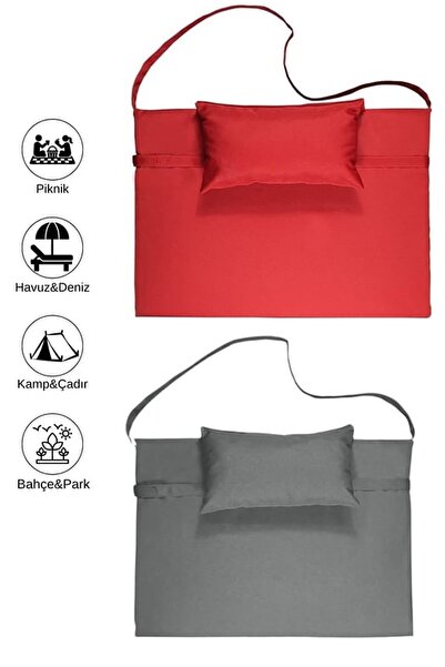 2 ADET Taşınabilir Katlanır Plaj Havuz Minderi, Şezlong Minderi Kamp Yatağı 2 cm Açık Gri/Kırmızı 31500-8908
