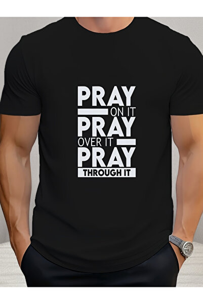 NOURAM تي شيرت رجالي بقصة مريحة يتميز بتصميم جرافيك "Pray It, Through, Pray I...
