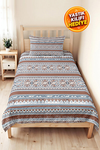 Evimde Bambaşka Ethnic Geometric Brown Pique Set - Bohemian Striped Blue Beig...