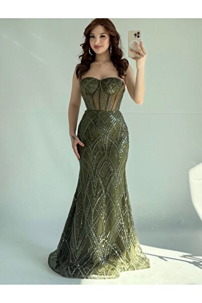 ayşenur Dinçer butik Valeri Straplez Taşlı Abiye Haki Yeşil