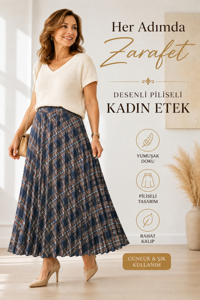 Alıç Women's Patterned Pleated Long Skirt Mother's Skirt – Patterned Casual a...