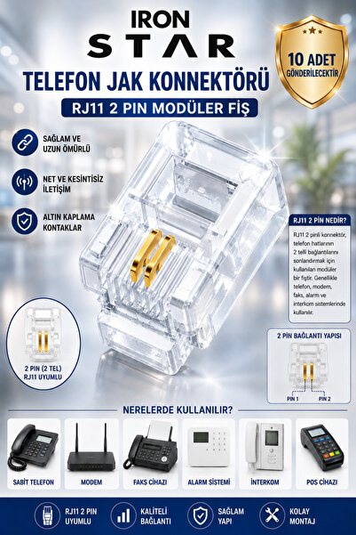 IRONSTAR 10 adet RJ11 2 Pin Modüler Fiş / RJ11 Telefon Jakı 2 Pin / Telefon K...