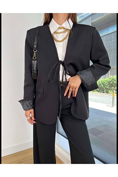 MAESTRO WOMAN Kadın Siyah Bağlamalı Oversize Vatkalı Astarlı Blazer Ceket