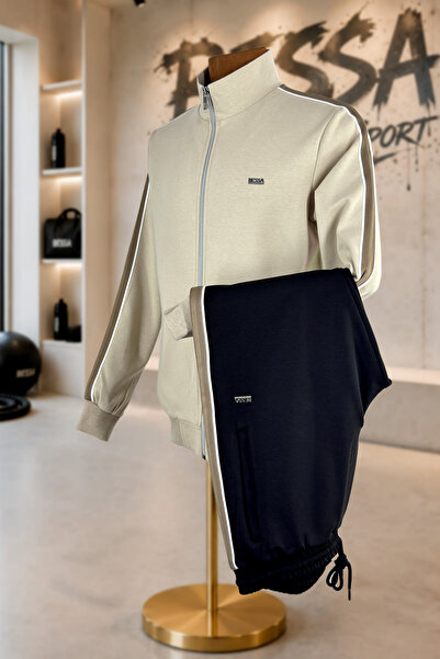 BESSA Beige Stand Collar Striped Tracksuit Set with Zipper Pockets, Elastic C...