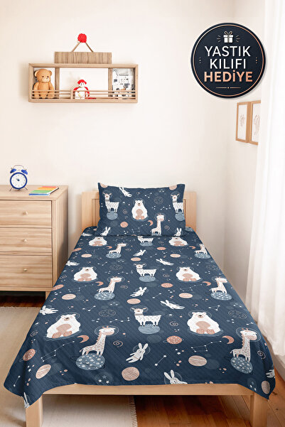 Evimde Bambaşka Blue Children's Room Single Pique Set with Space Animals - Pa...