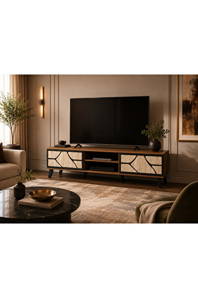 N.zone Modern Tv Cabinet with Luxurious Wood Design, Decorative Doors and Sto...