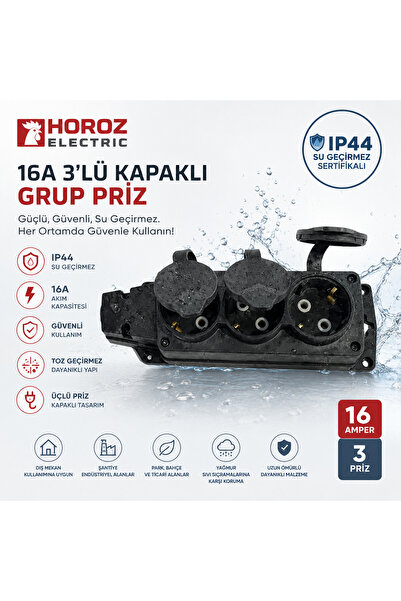 Horoz Elektrik Horoz Siyah 3lü Kapaklı Kauçuk Grup Priz IP44 Sertifikalı Su G...