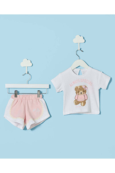 REDTAG Infant Girls White Bear Print T-Shirt & Pink Terry Shorts Set