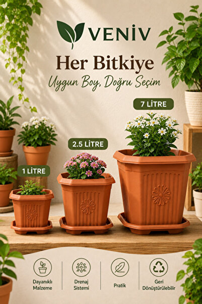 VENİV Dekoratif Antik Kare Saksı Seti - Alt Tabaklı - 1 Litre - 2.5 litre - 7...