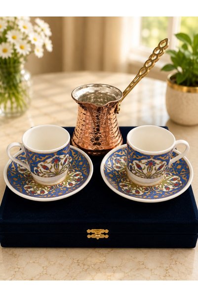 Nihal Süeda Velvet Boxed Copper Coffee Pot Palace Model Double Porcelain Cup Set