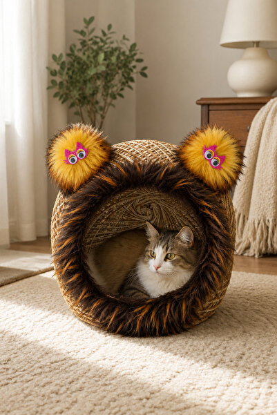 Hasır Kedi Evi Kedi Yuvası Tüylü Minderli Sarı