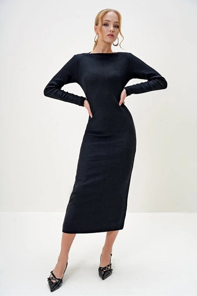 Toridas Rochie maxi interlock neagră, basic, cu guler rotund, de damă