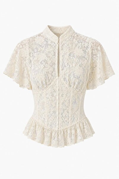 BRTC design Women's Cream Corset Detailed Vintage Peplum Blouse