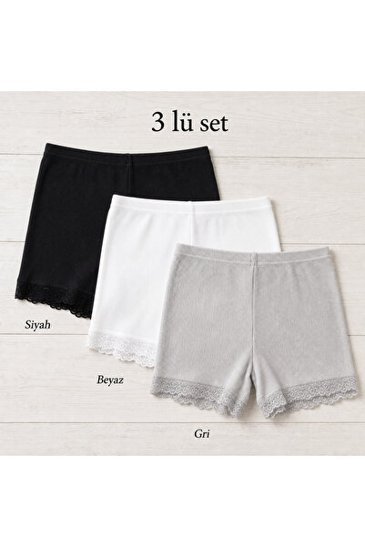İncili Tekstil Women's 3-Pack Lace Trim Long Ribbed Boxer Shorts - Cotton Str...