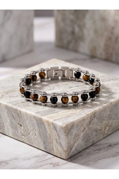 Parmas Design Stainless Steel Men's Bracelet with Tiger's Eye and Onyx Stones...