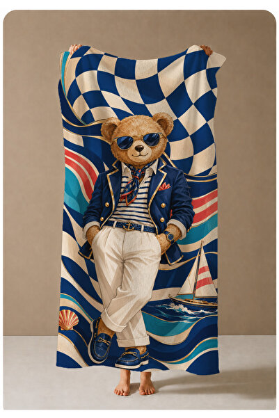 milroma Teddy Bear Marine Navy Blue Wave Patterned 70X150 Beach Towel