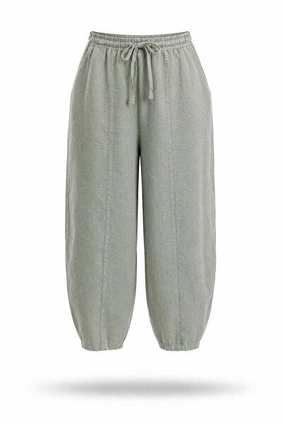 5in1Canpolat Zelene lanene pantalone sa širokim nogavicama 031693